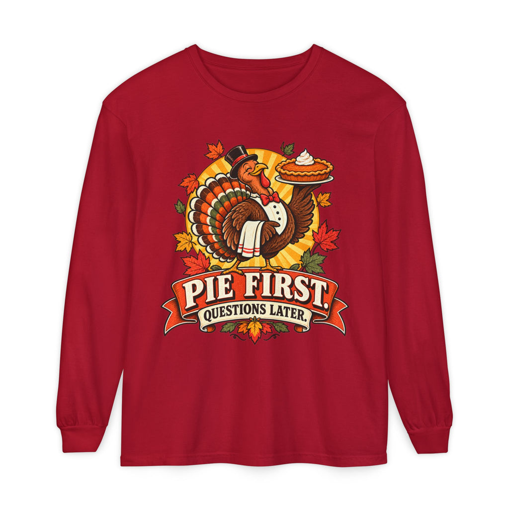 Pie First Turkey illustration Long Sleeve T-Shirt | Thanksgiving leaves