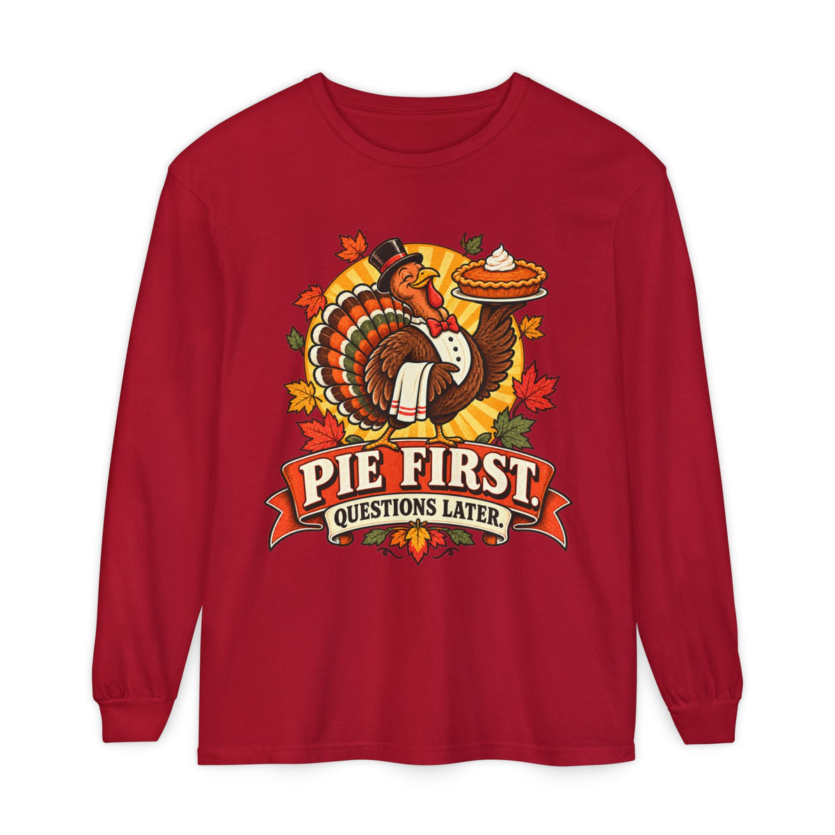 Pie First Turkey illustration Long Sleeve T-Shirt | Thanksgiving leaves