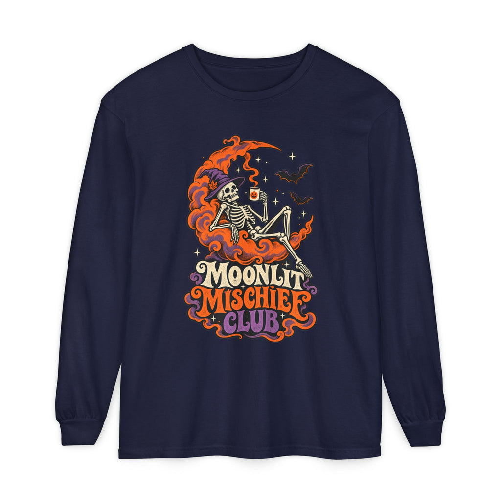 Moonlit Mischief Club Long Sleeve Shirt | Skeleton Moon Halloween Design