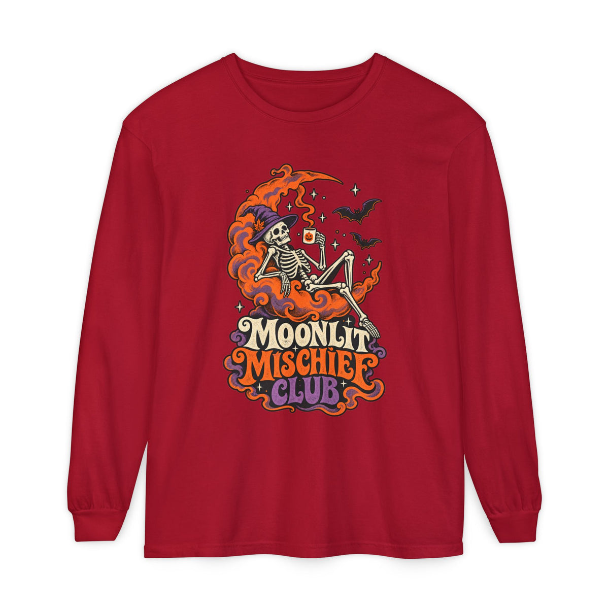 Moonlit Mischief Club Long Sleeve Shirt | Skeleton Moon Halloween Design