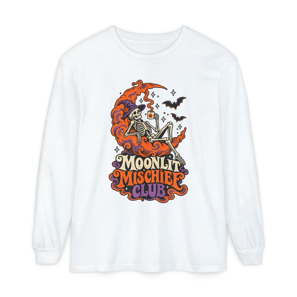 Moonlit Mischief Club Long Sleeve Shirt | Skeleton Moon Halloween Design