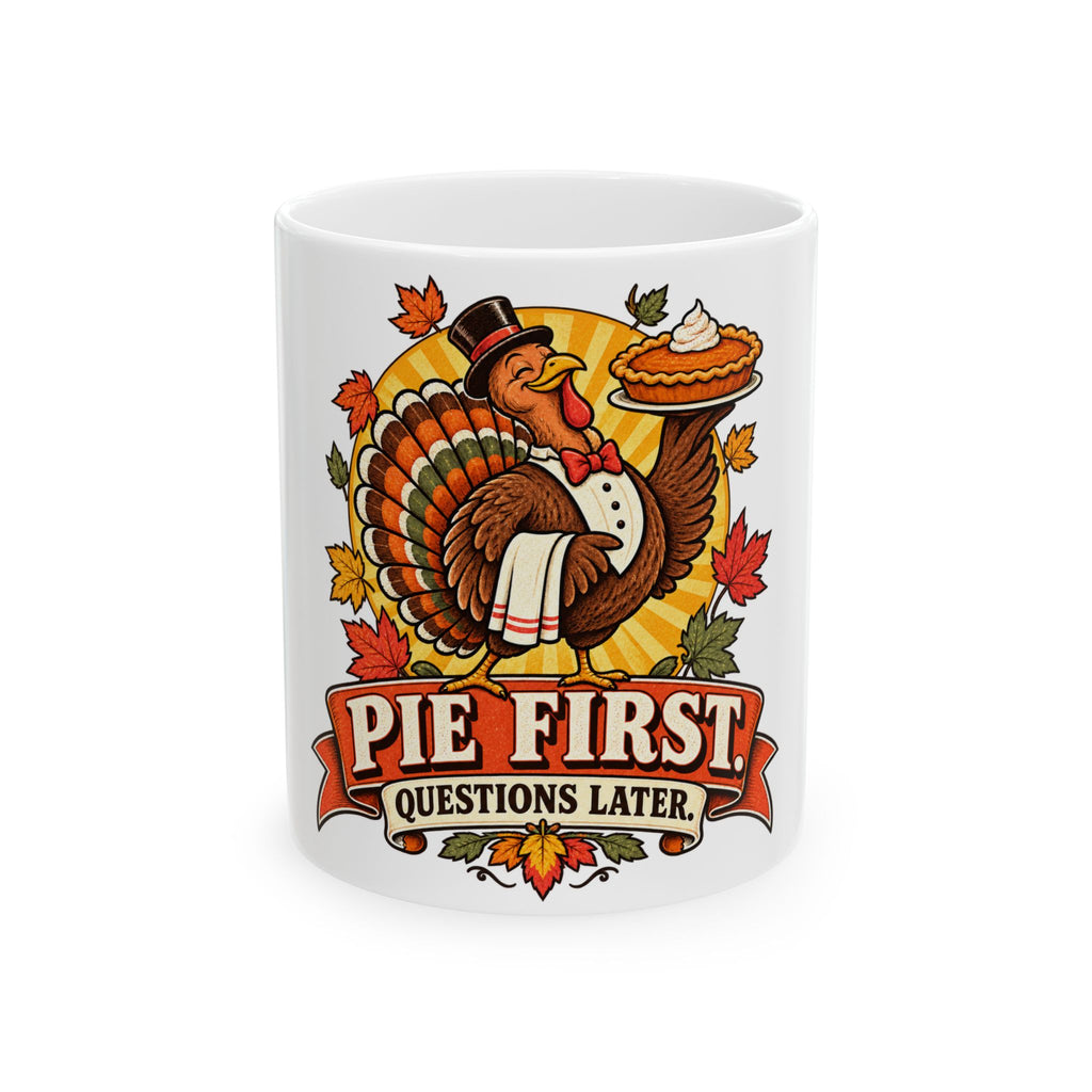Thanksgiving Turkey Mug - "Pie First, Questions Later" Ceramic Coffee Cup