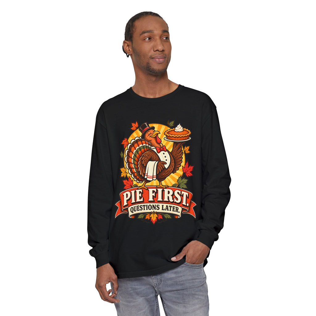Pie First Turkey illustration Long Sleeve T-Shirt | Thanksgiving leaves