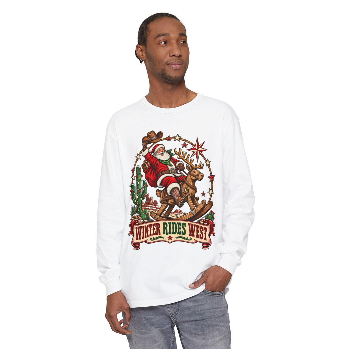 Santa Riding Reindeer Winter Rides West Long Sleeve T-Shirt