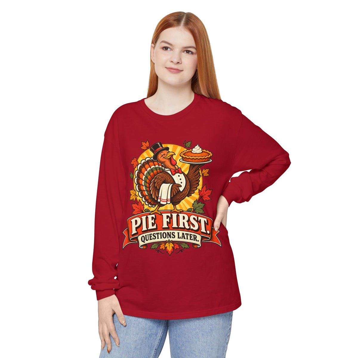 Pie First Turkey illustration Long Sleeve T-Shirt | Thanksgiving leaves