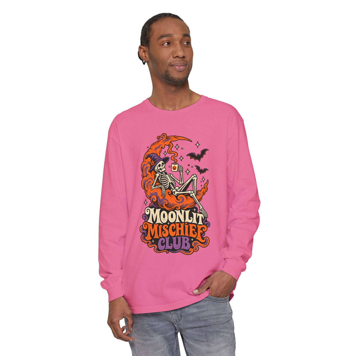 Moonlit Mischief Club Long Sleeve Shirt | Skeleton Moon Halloween Design