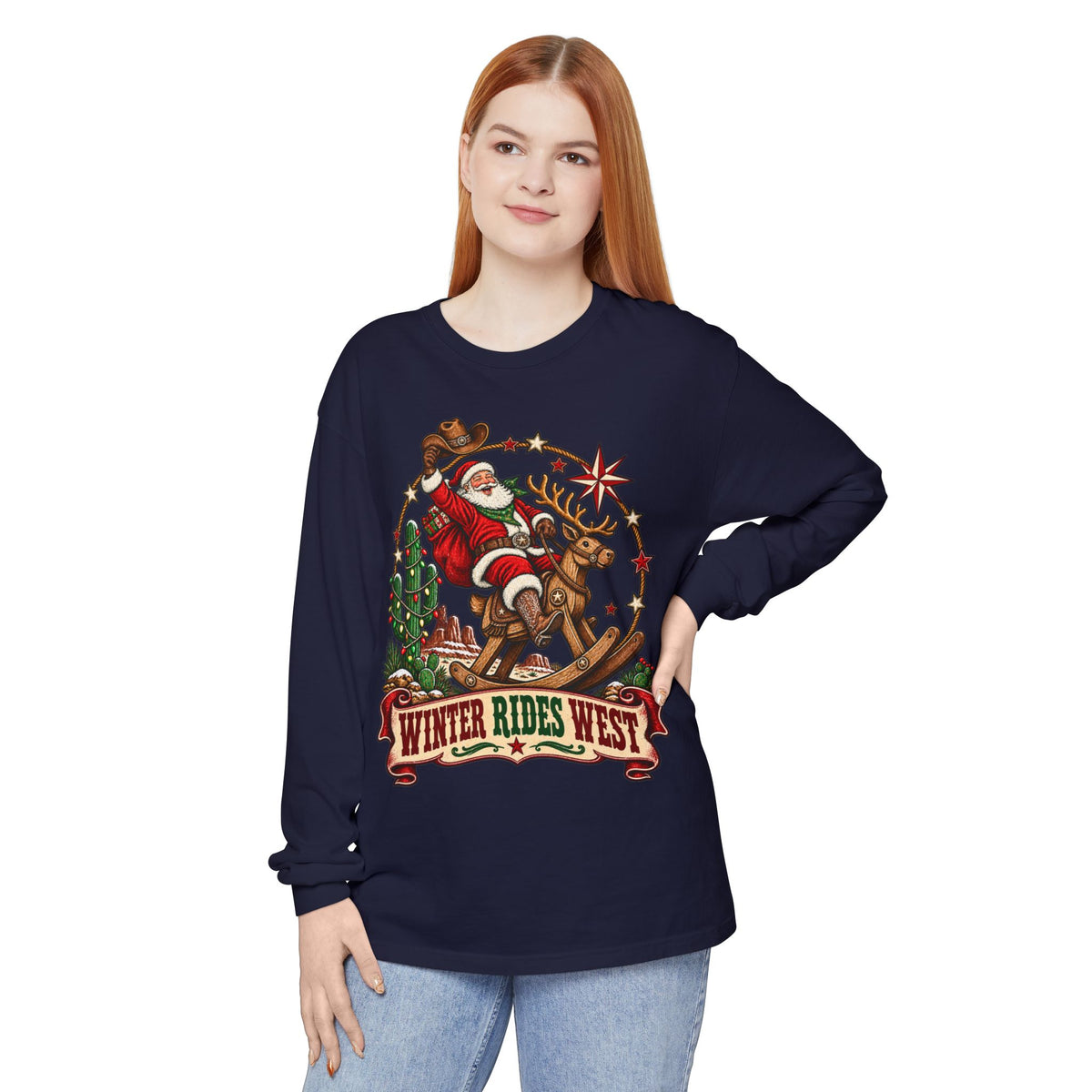 Santa Riding Reindeer Winter Rides West Long Sleeve T-Shirt