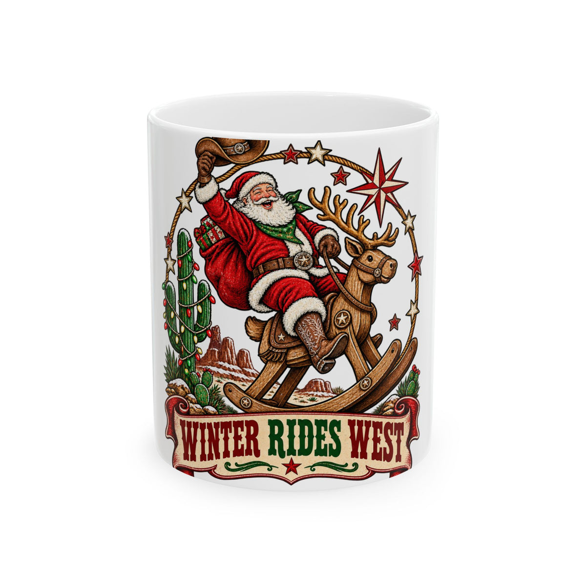 Santa on Rocking Reindeer Mug | Winter Rides West Christmas Coffee Cup