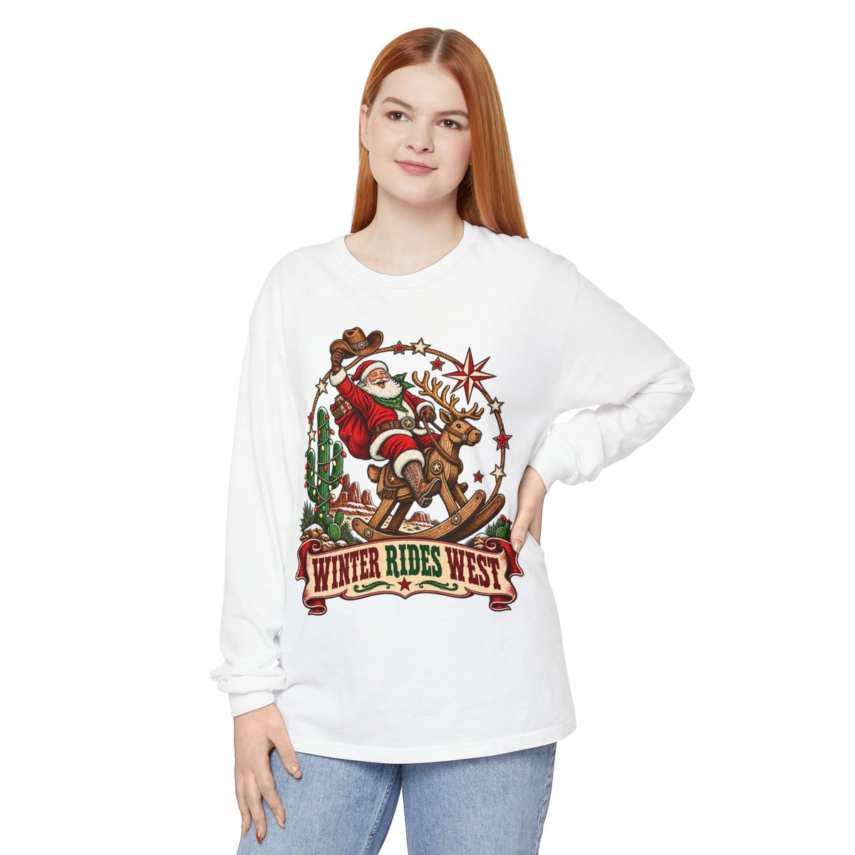 Santa Riding Reindeer Winter Rides West Long Sleeve T-Shirt