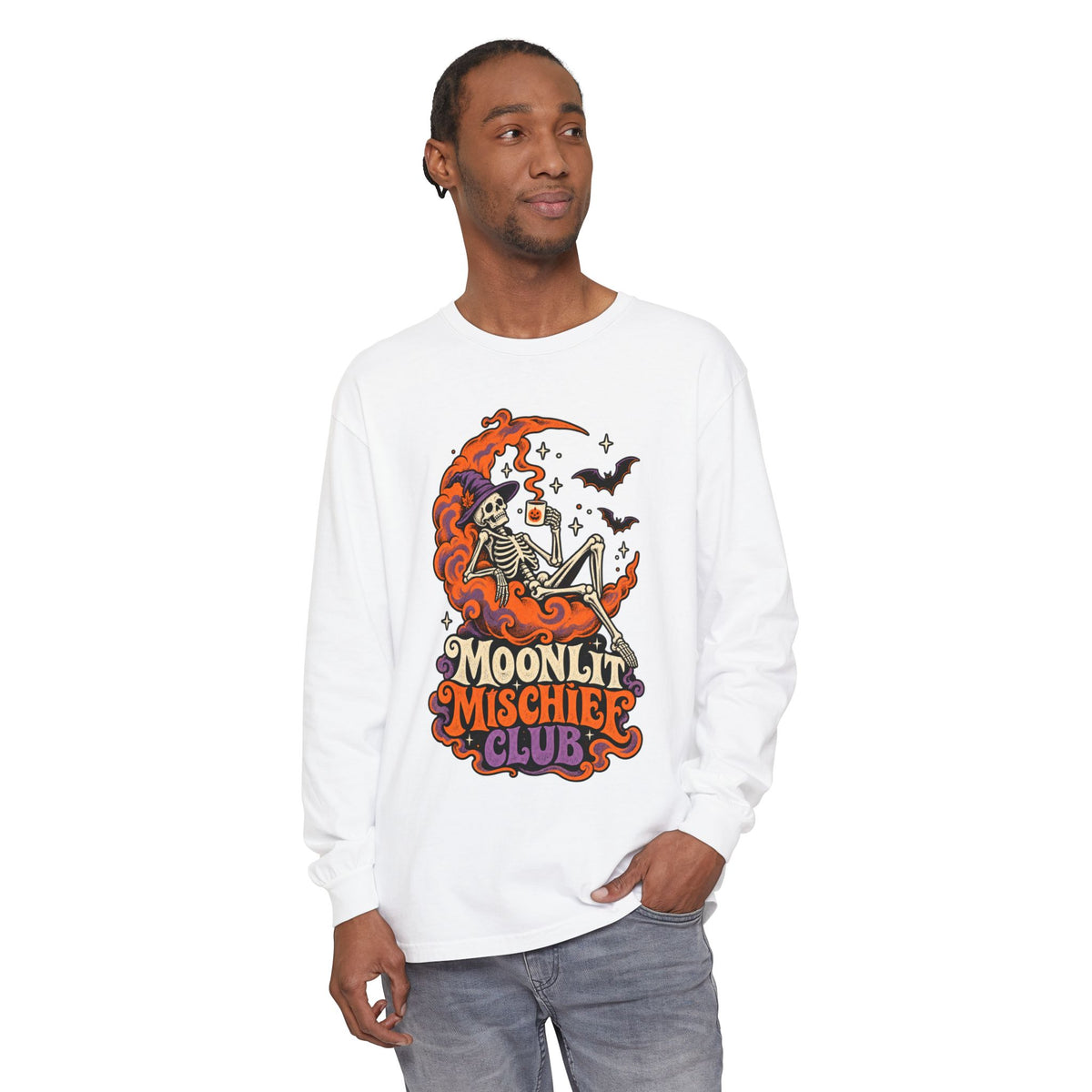 Moonlit Mischief Club Long Sleeve Shirt | Skeleton Moon Halloween Design