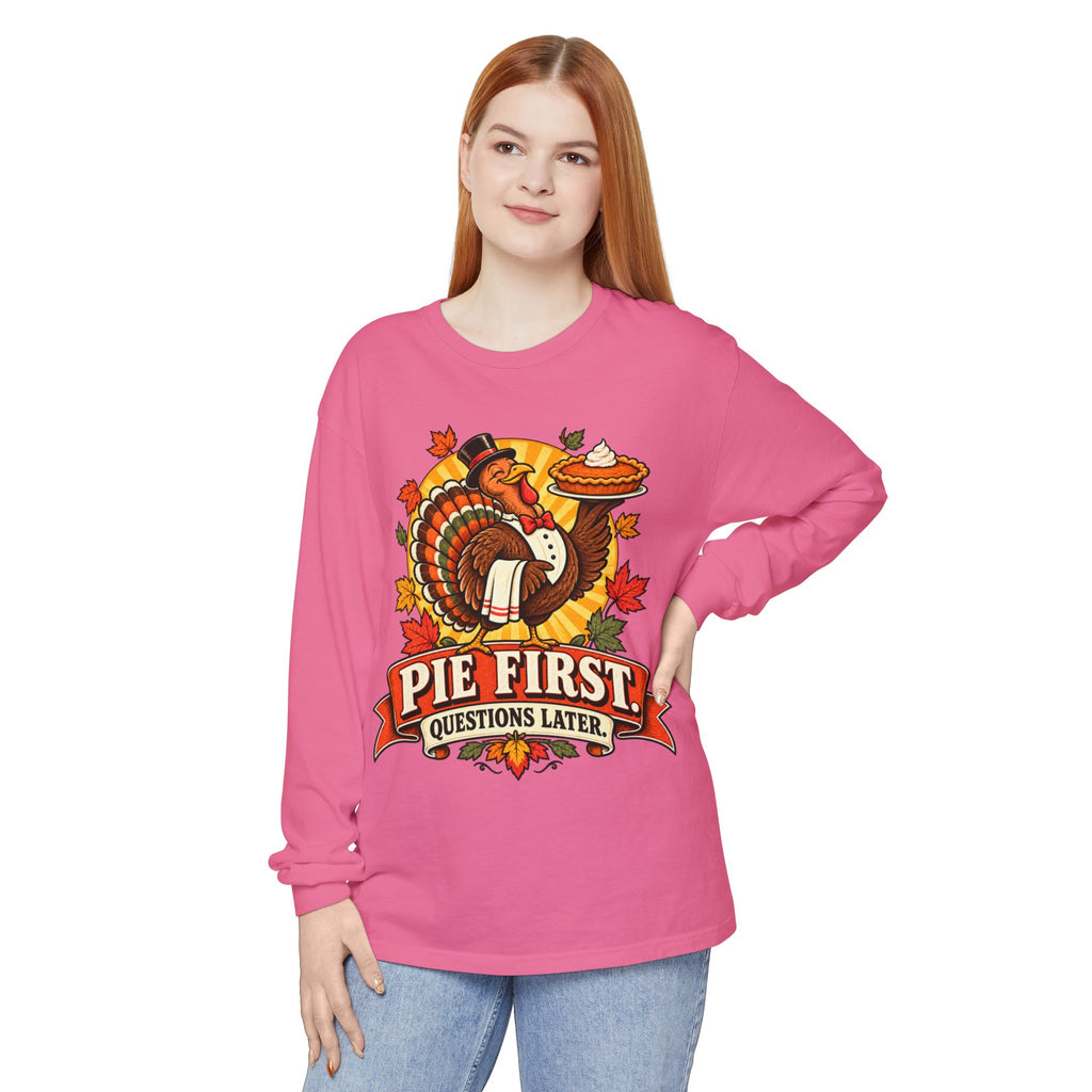 Pie First Turkey illustration Long Sleeve T-Shirt | Thanksgiving leaves