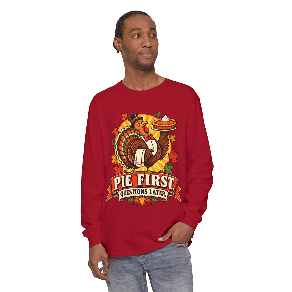 Pie First Turkey illustration Long Sleeve T-Shirt | Thanksgiving leaves