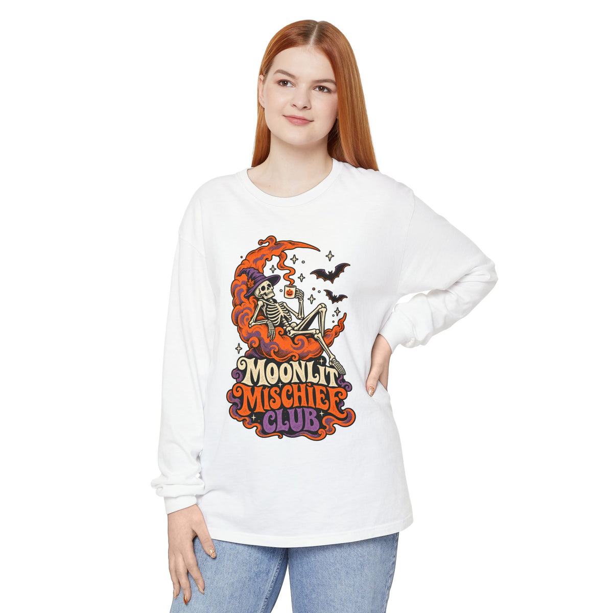 Moonlit Mischief Club Long Sleeve Shirt | Skeleton Moon Halloween Design