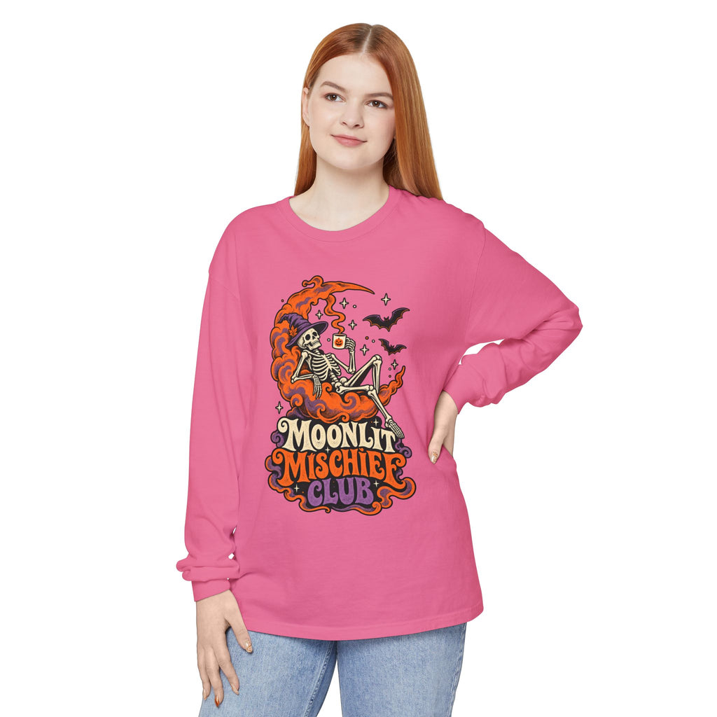 Moonlit Mischief Club Long Sleeve Shirt | Skeleton Moon Halloween Design