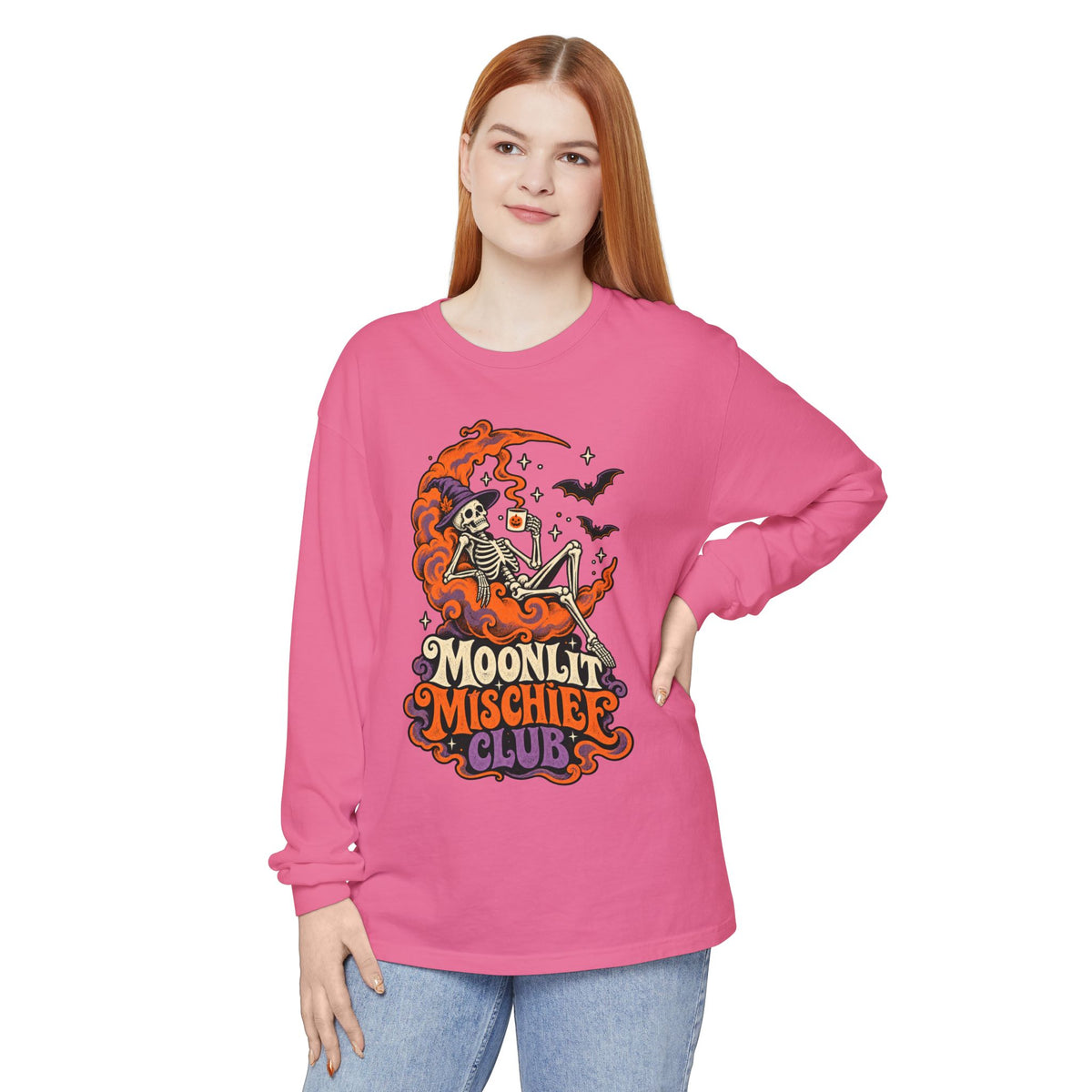 Moonlit Mischief Club Long Sleeve Shirt | Skeleton Moon Halloween Design