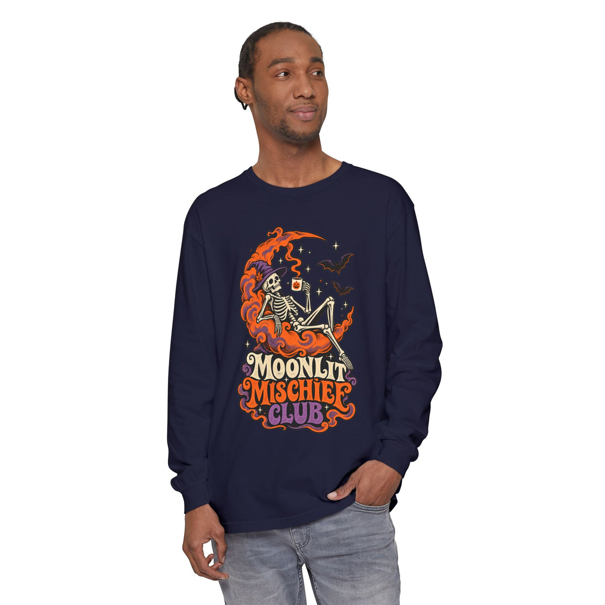 Moonlit Mischief Club Long Sleeve Shirt | Skeleton Moon Halloween Design