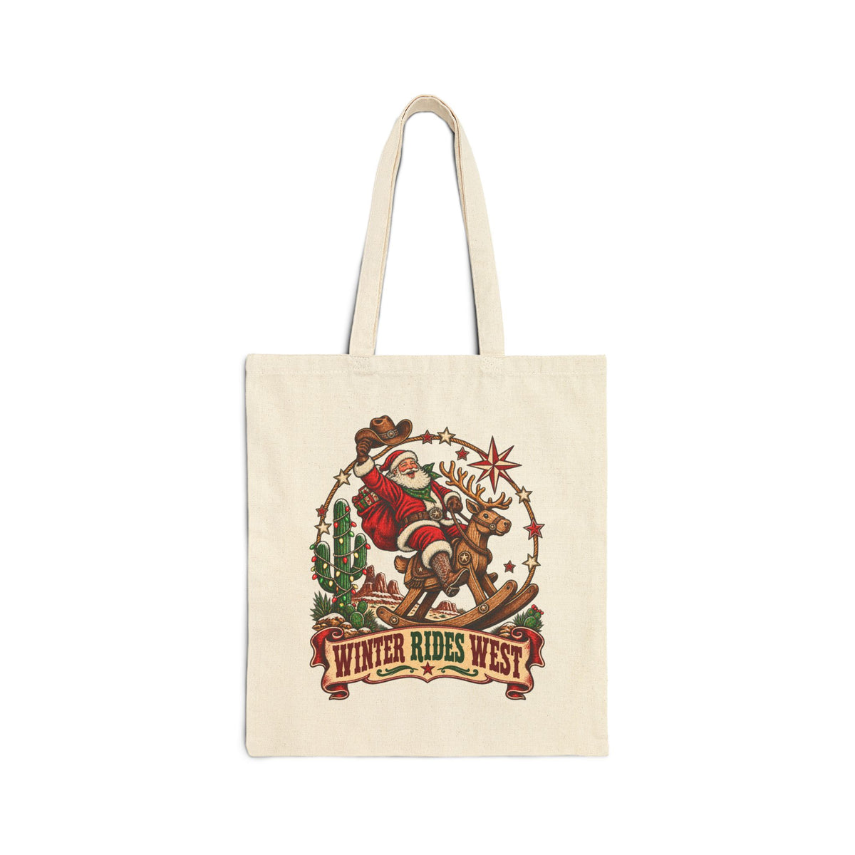 Western Santa Riding Reindeer tote | Vintage Christmas western holiday design