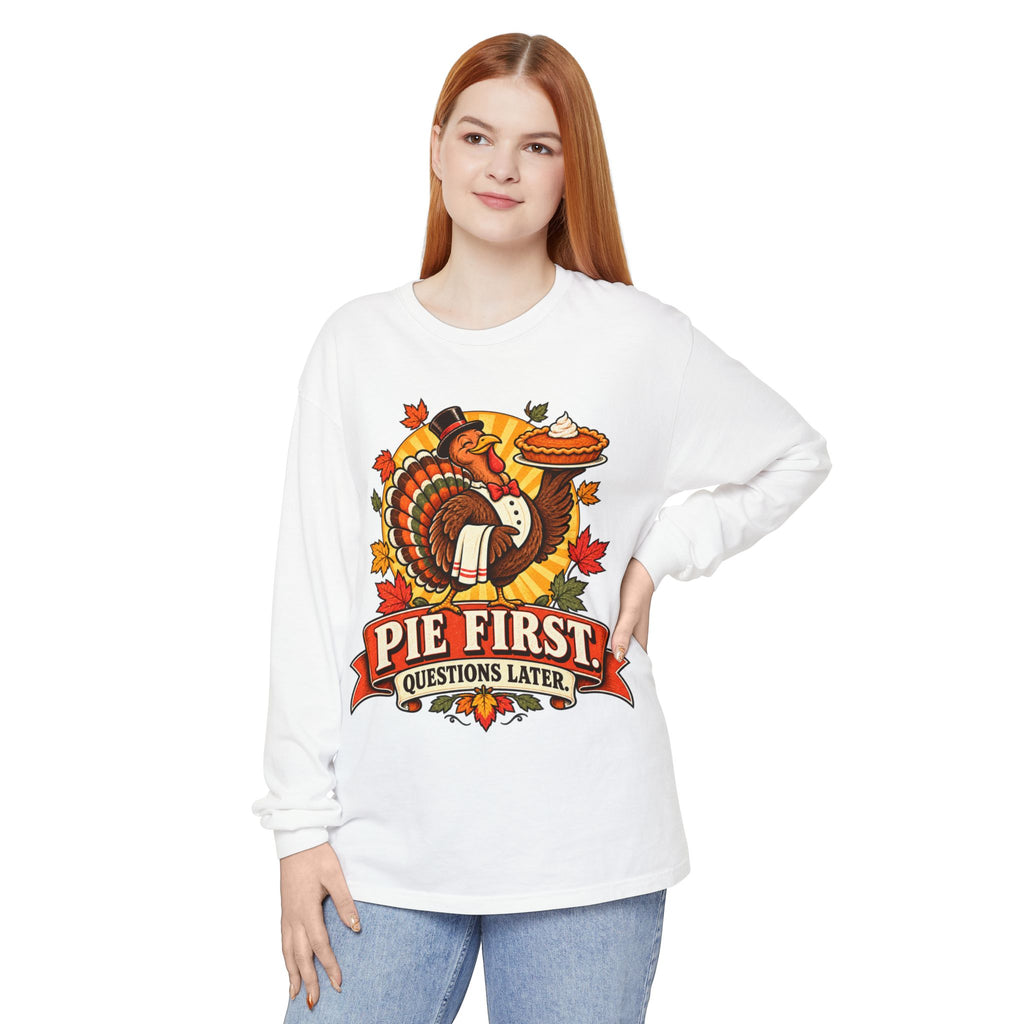 Pie First Turkey illustration Long Sleeve T-Shirt | Thanksgiving leaves