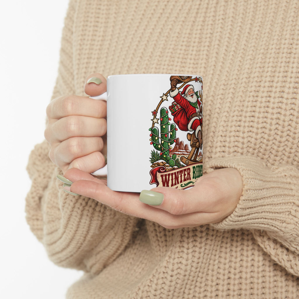 Santa on Rocking Reindeer Mug | Winter Rides West Christmas Coffee Cup