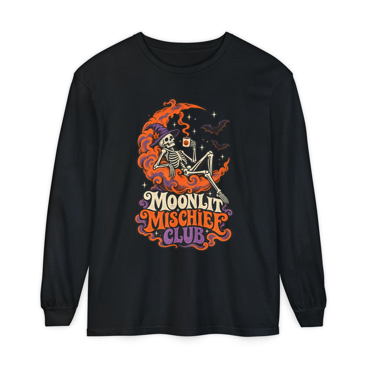 Moonlit Mischief Club Long Sleeve Shirt | Skeleton Moon Halloween Design