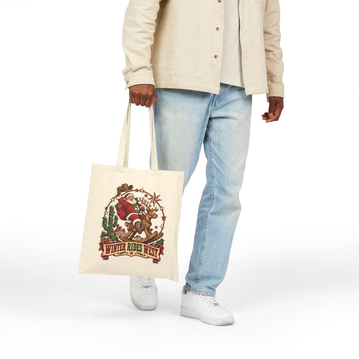 Western Santa Riding Reindeer tote | Vintage Christmas western holiday design