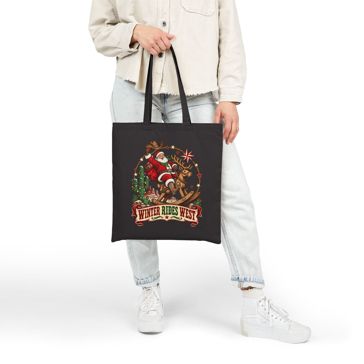 Western Santa Riding Reindeer tote | Vintage Christmas western holiday design