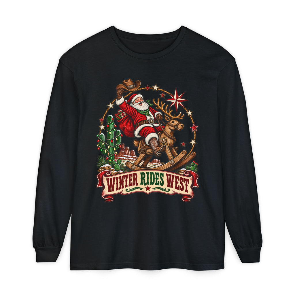 Santa Riding Reindeer Winter Rides West Long Sleeve T-Shirt