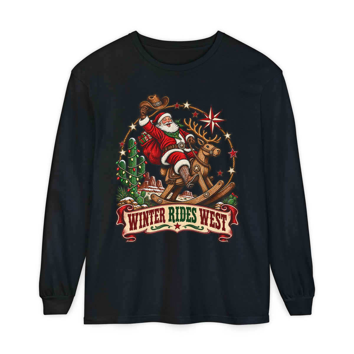Santa Riding Reindeer Winter Rides West Long Sleeve T-Shirt