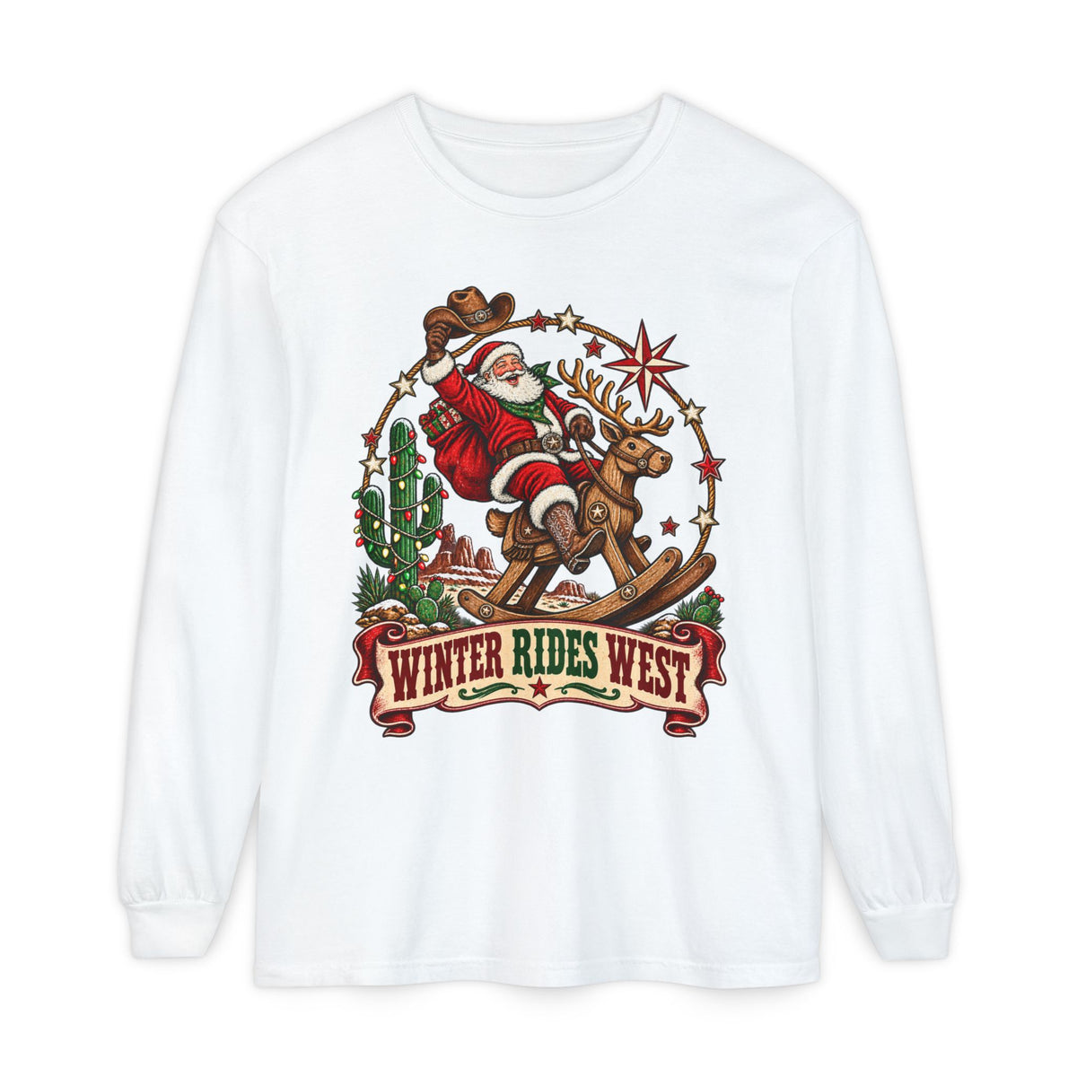 Santa Riding Reindeer Winter Rides West Long Sleeve T-Shirt