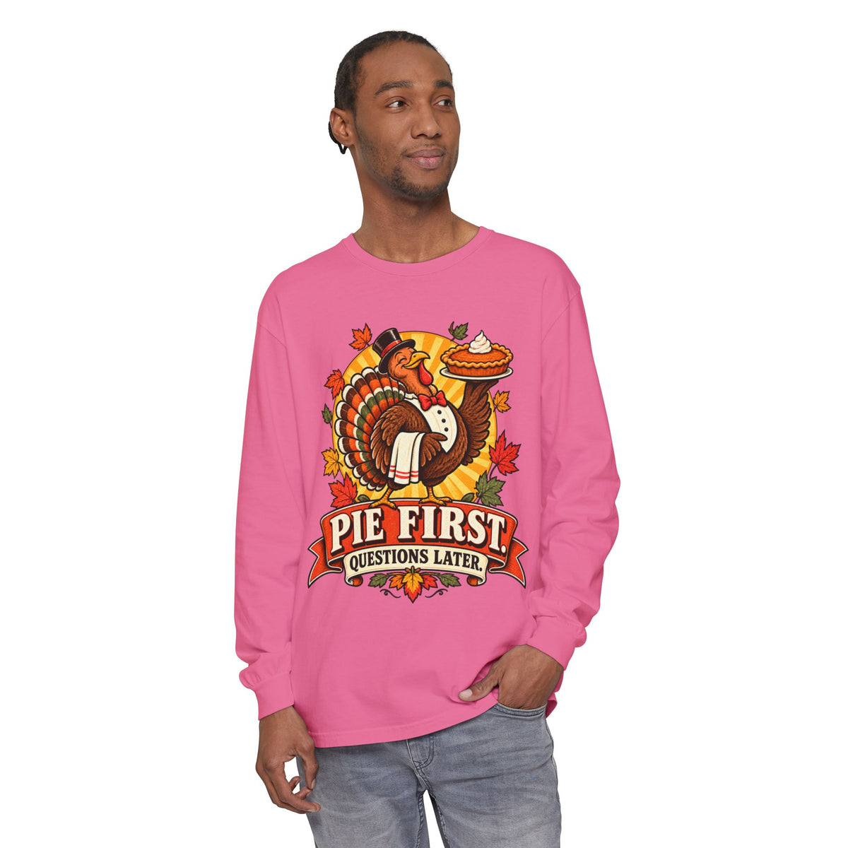 Pie First Turkey illustration Long Sleeve T-Shirt | Thanksgiving leaves