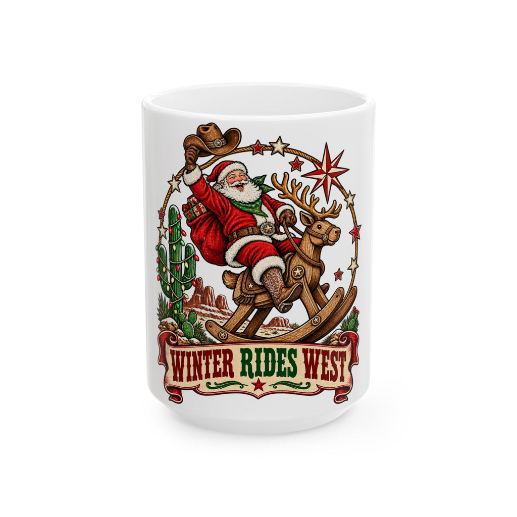 Santa on Rocking Reindeer Mug | Winter Rides West Christmas Coffee Cup