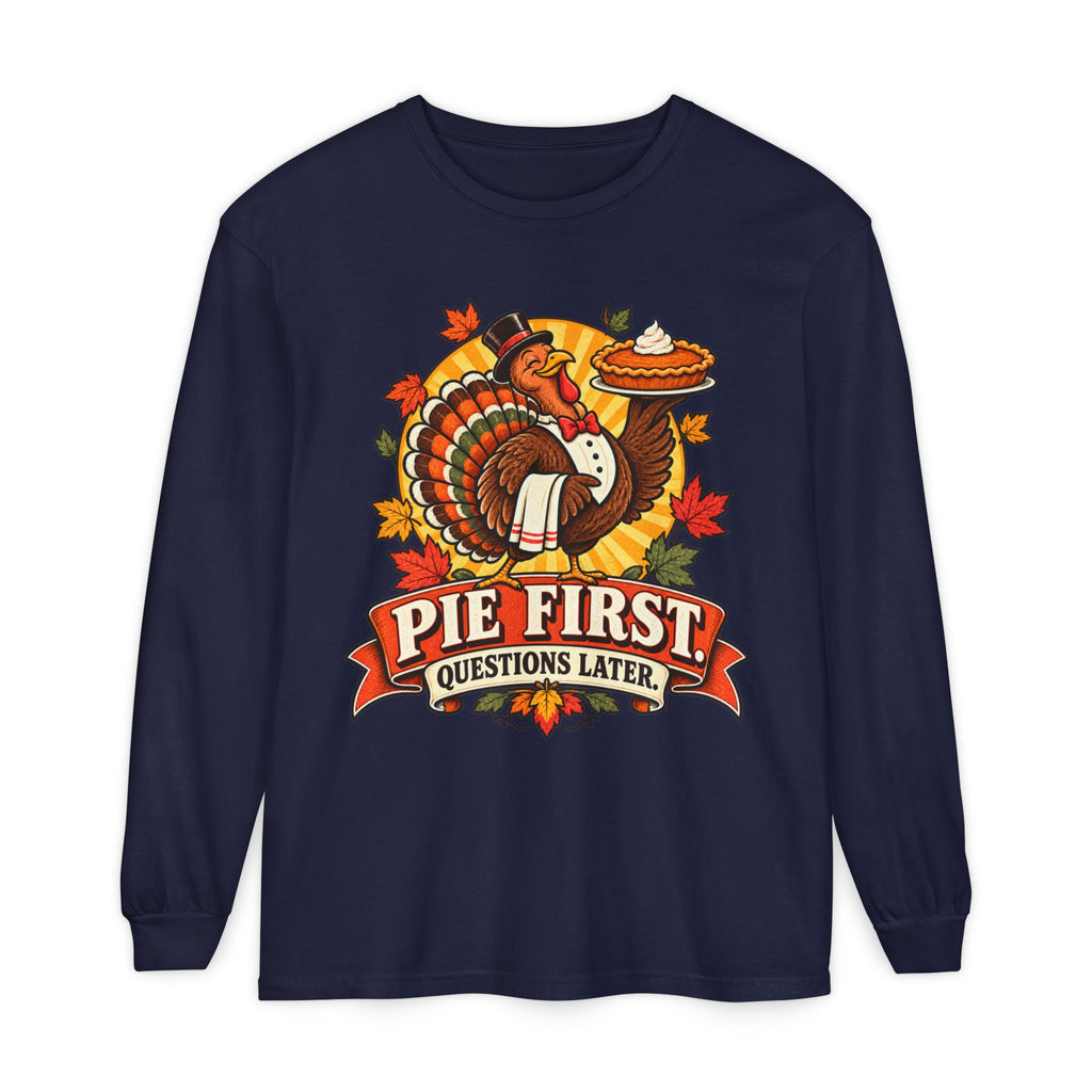 Pie First Turkey illustration Long Sleeve T-Shirt | Thanksgiving leaves