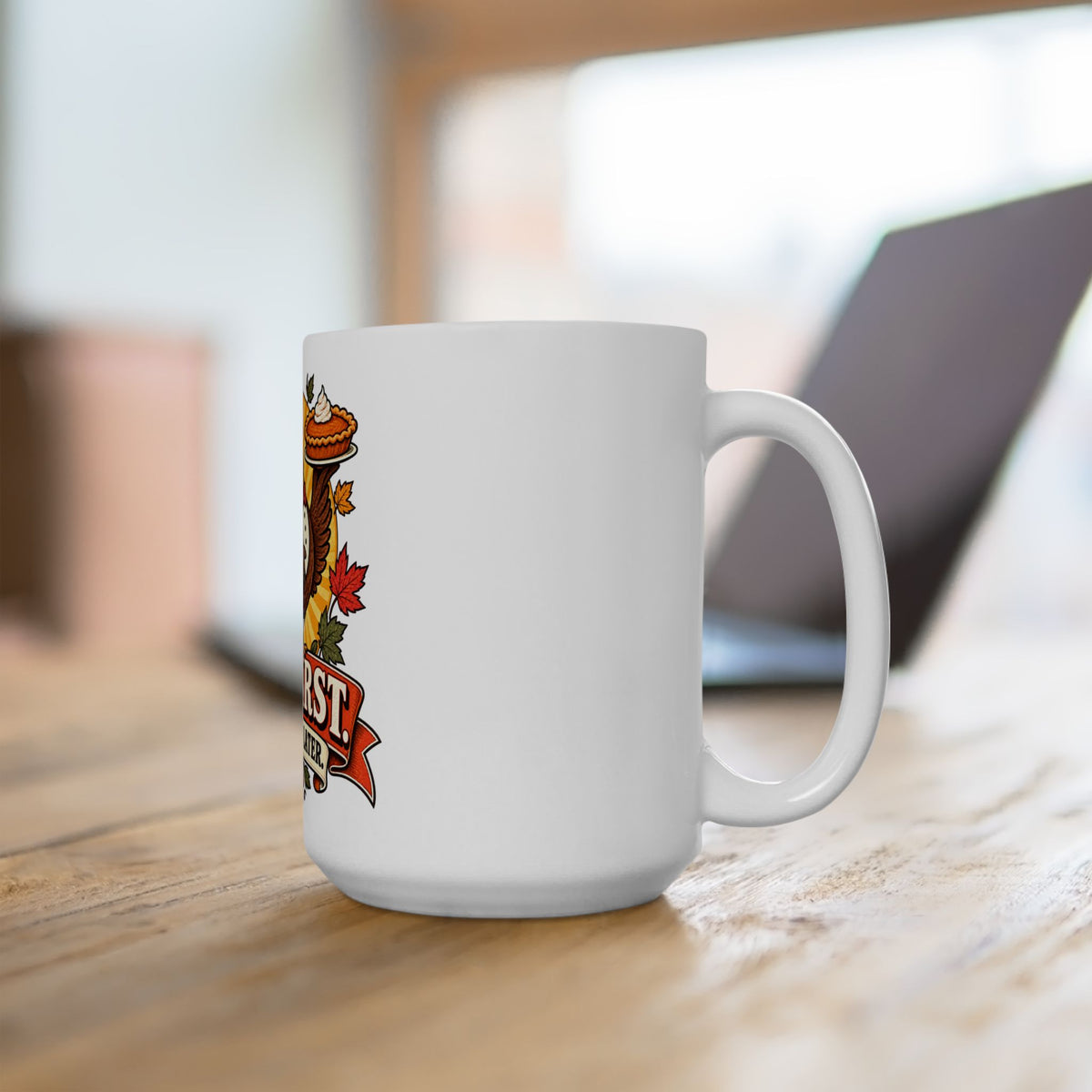 Thanksgiving Turkey Mug - "Pie First, Questions Later" Ceramic Coffee Cup
