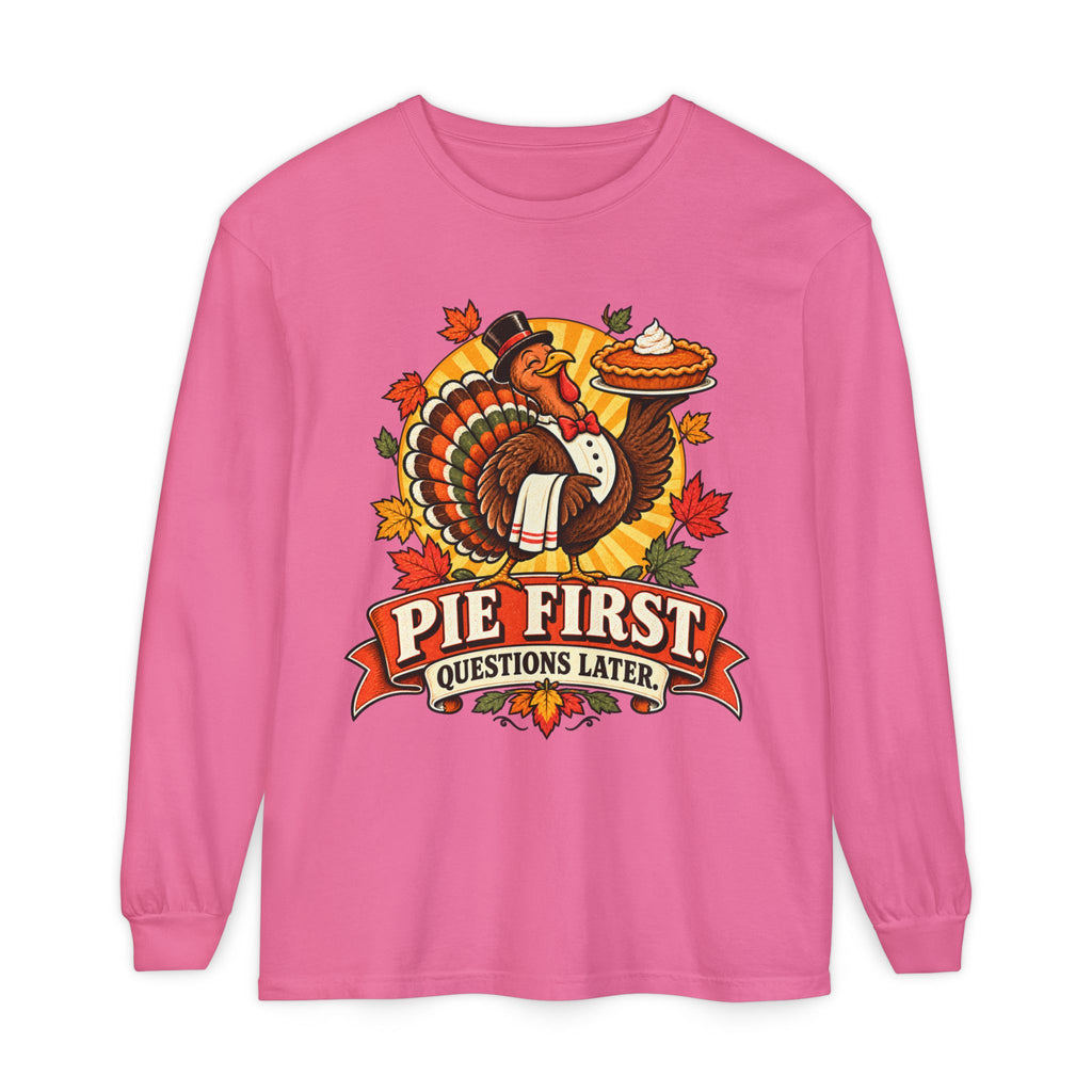 Pie First Turkey illustration Long Sleeve T-Shirt | Thanksgiving leaves