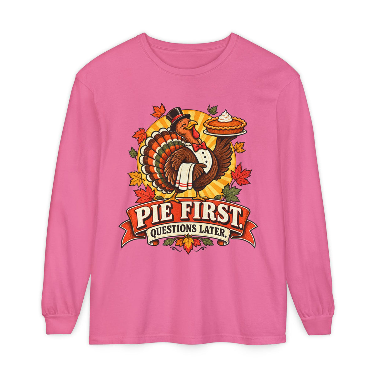 Pie First Turkey illustration Long Sleeve T-Shirt | Thanksgiving leaves