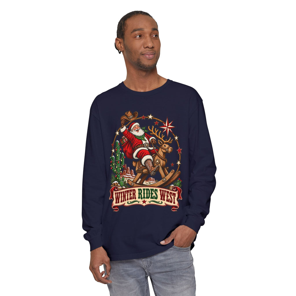 Santa Riding Reindeer Winter Rides West Long Sleeve T-Shirt