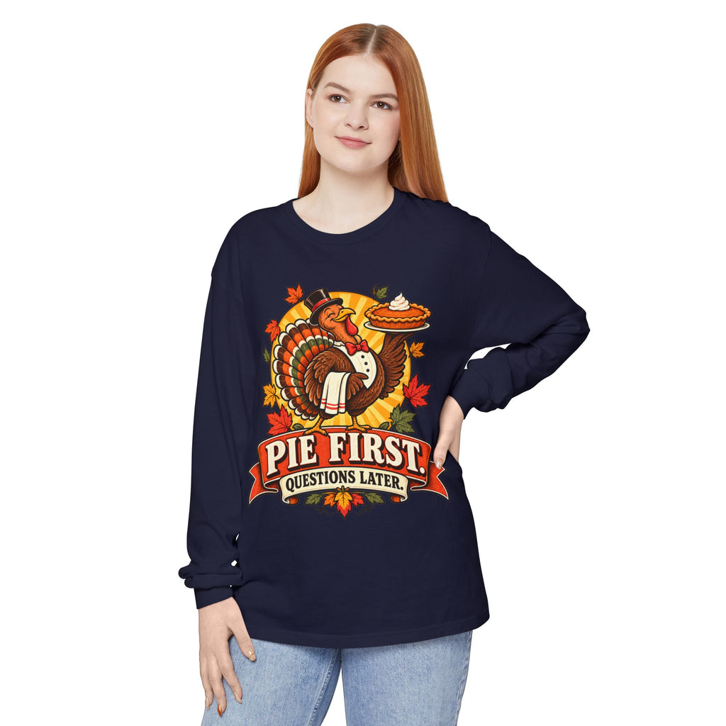 Pie First Turkey illustration Long Sleeve T-Shirt | Thanksgiving leaves