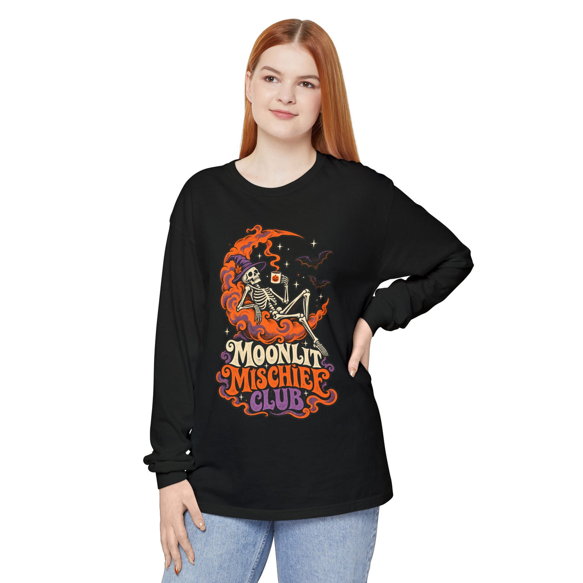 Moonlit Mischief Club Long Sleeve Shirt | Skeleton Moon Halloween Design