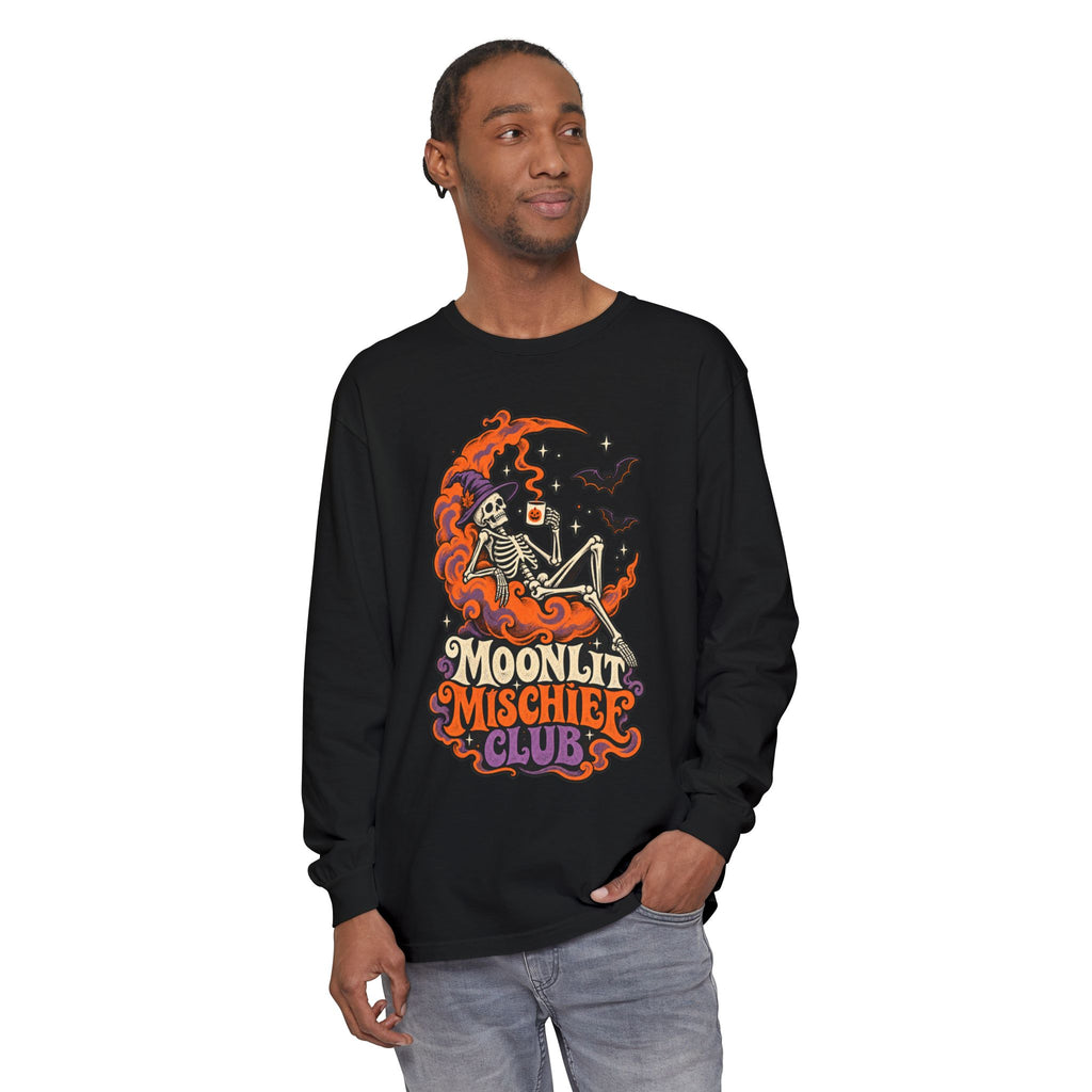 Moonlit Mischief Club Long Sleeve Shirt | Skeleton Moon Halloween Design