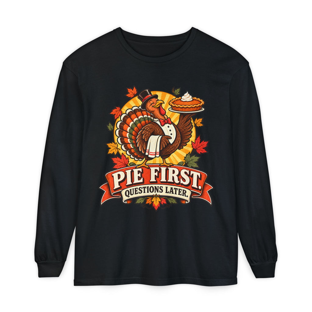 Pie First Turkey illustration Long Sleeve T-Shirt | Thanksgiving leaves