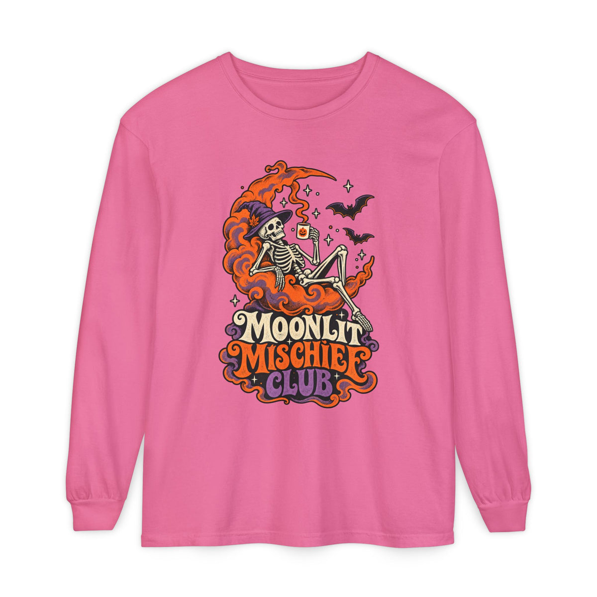 Moonlit Mischief Club Long Sleeve Shirt | Skeleton Moon Halloween Design