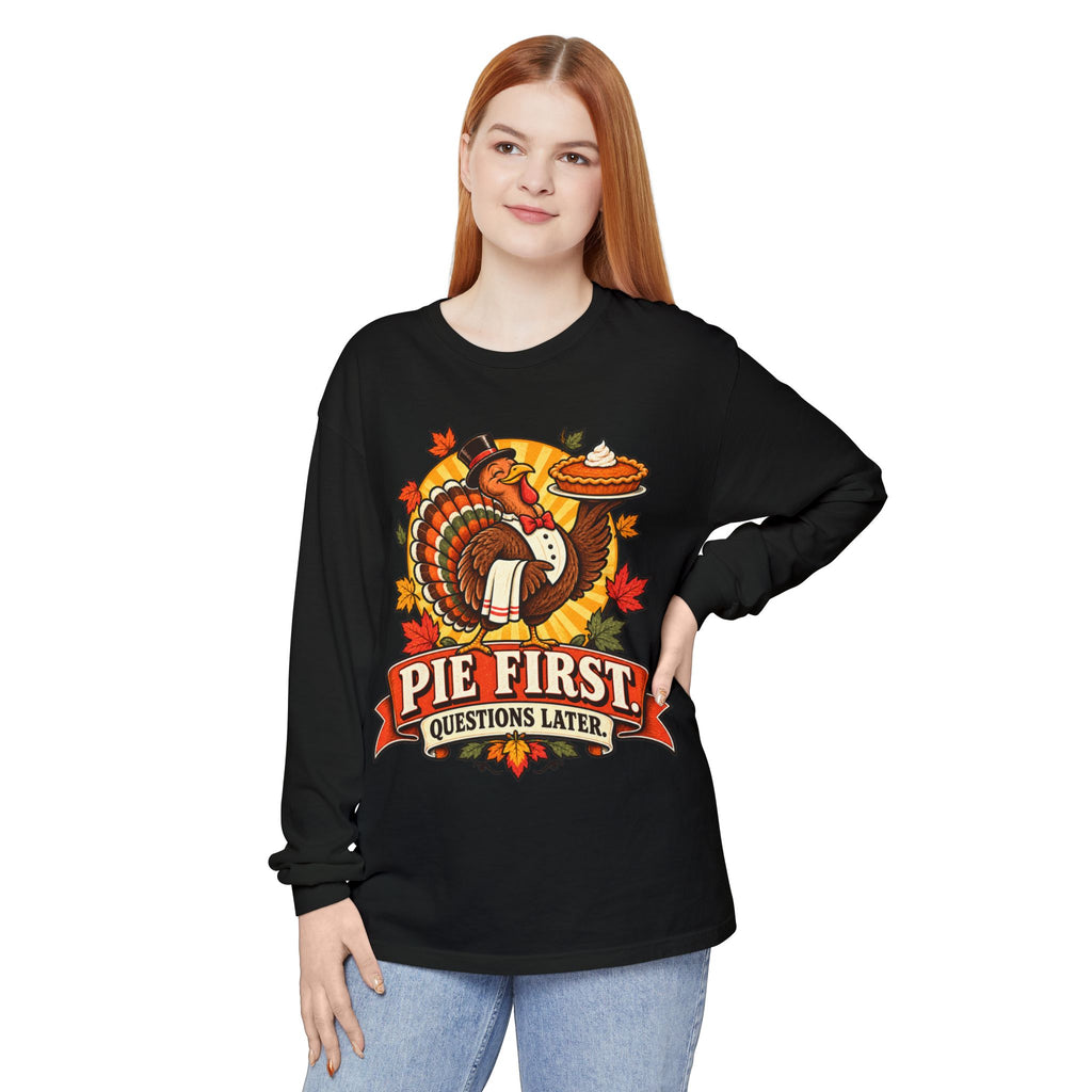 Pie First Turkey illustration Long Sleeve T-Shirt | Thanksgiving leaves