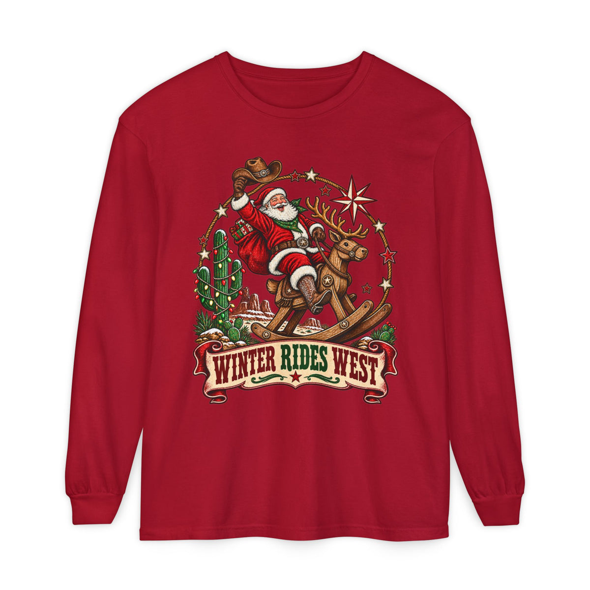 Santa Riding Reindeer Winter Rides West Long Sleeve T-Shirt
