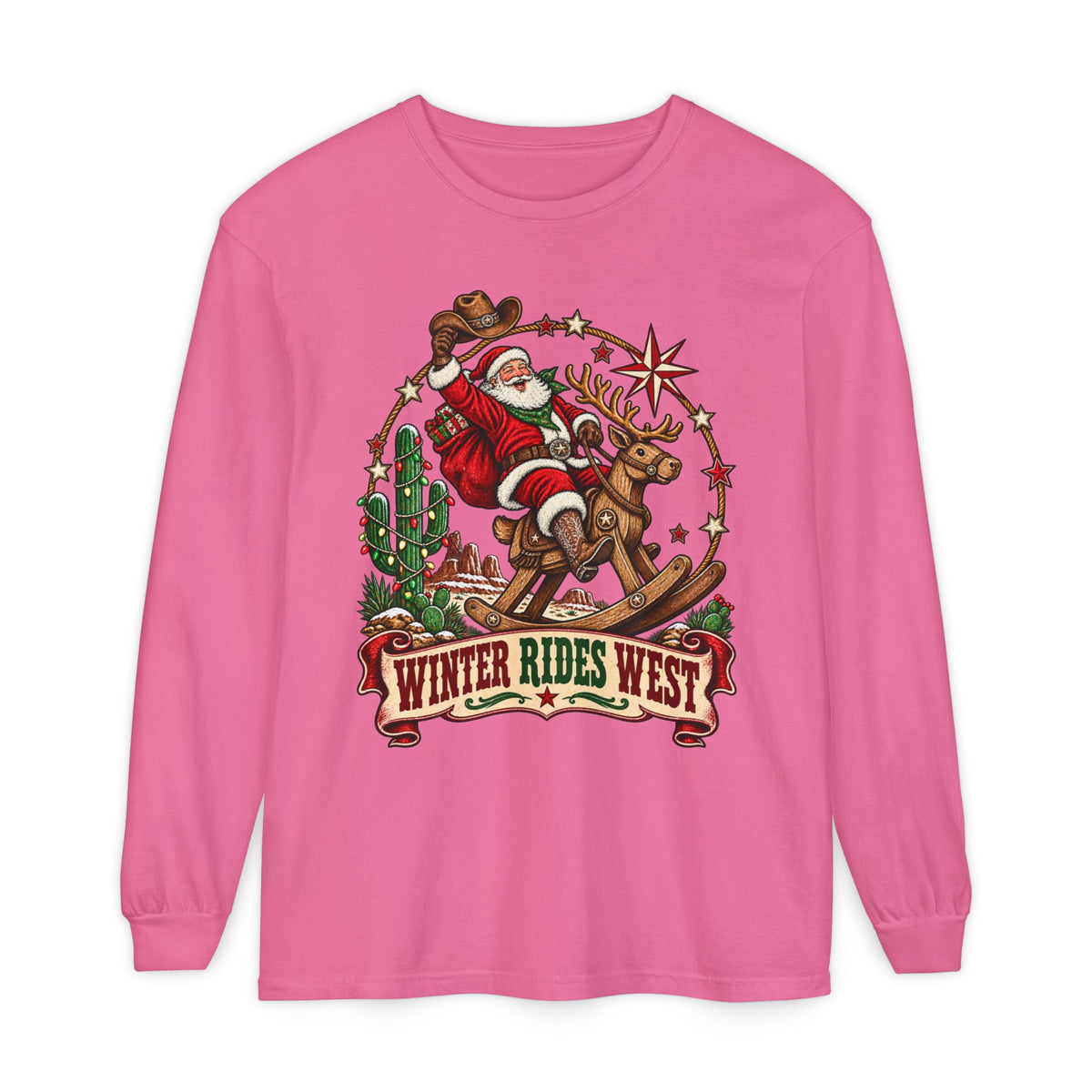 Santa Riding Reindeer Winter Rides West Long Sleeve T-Shirt