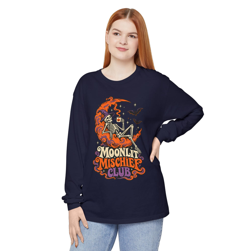 Moonlit Mischief Club Long Sleeve Shirt | Skeleton Moon Halloween Design