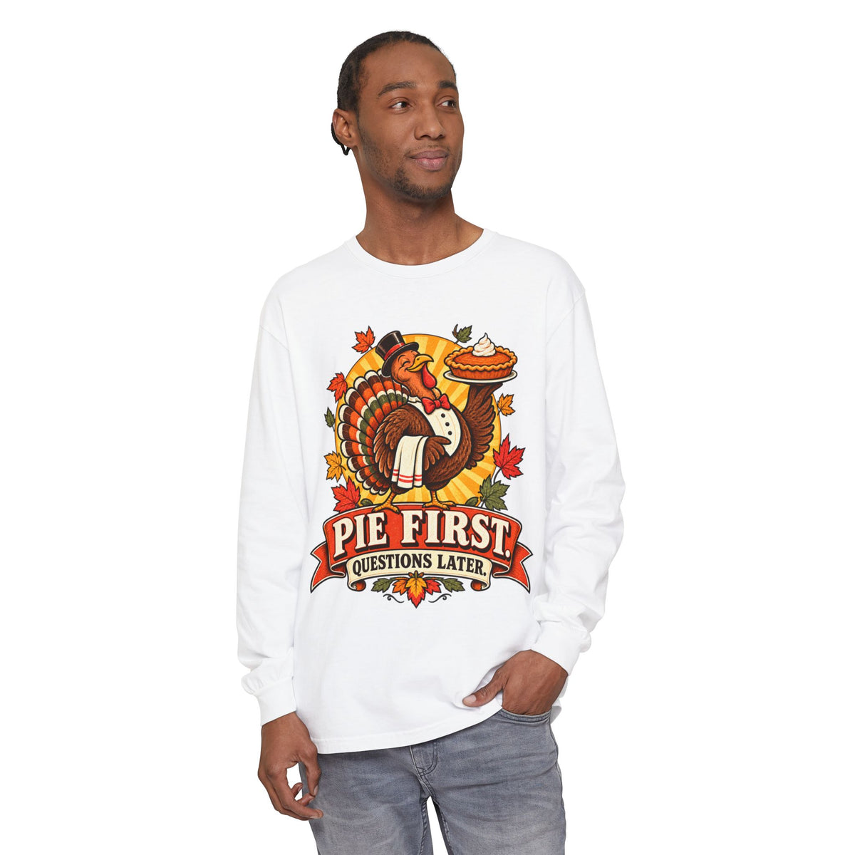 Pie First Turkey illustration Long Sleeve T-Shirt | Thanksgiving leaves