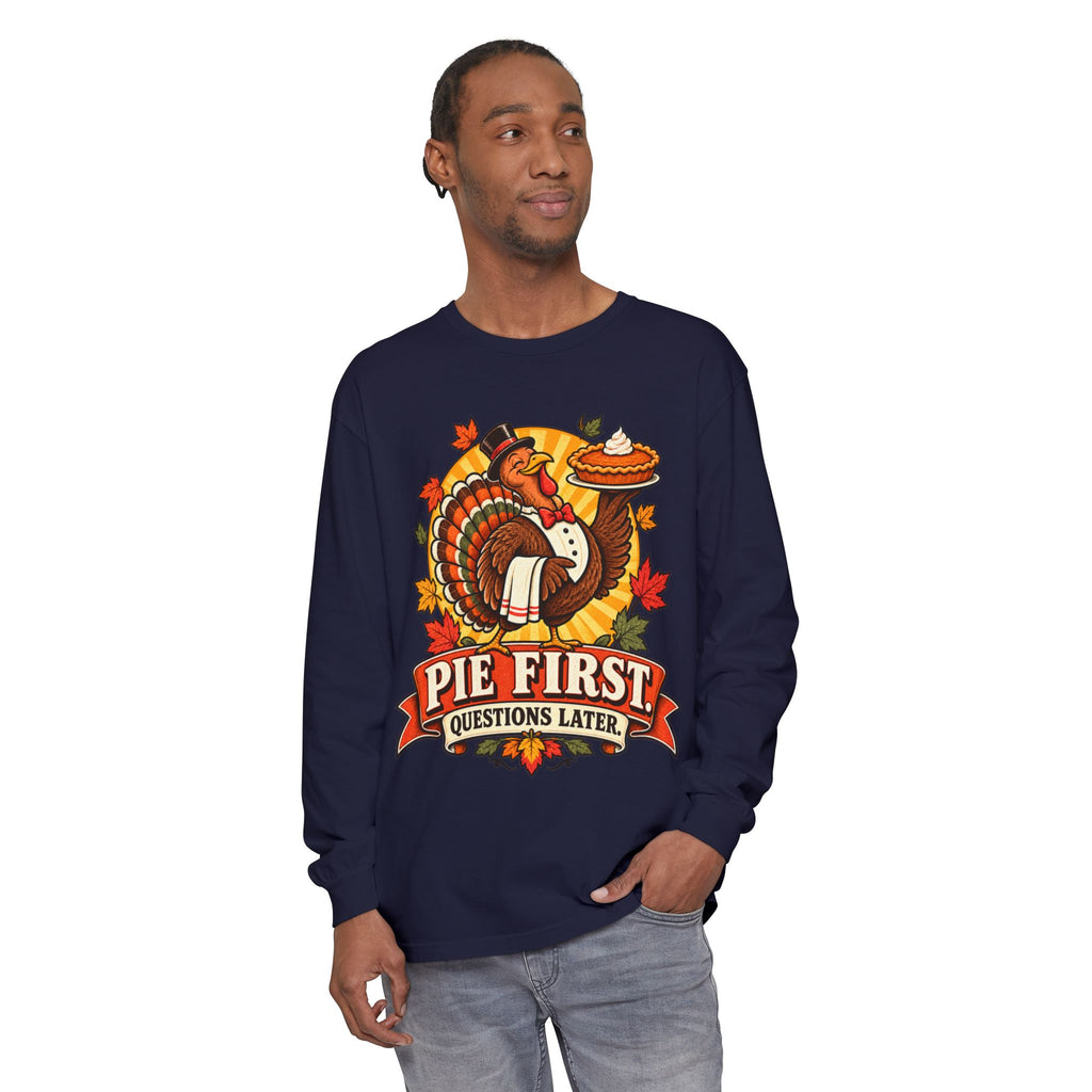 Pie First Turkey illustration Long Sleeve T-Shirt | Thanksgiving leaves