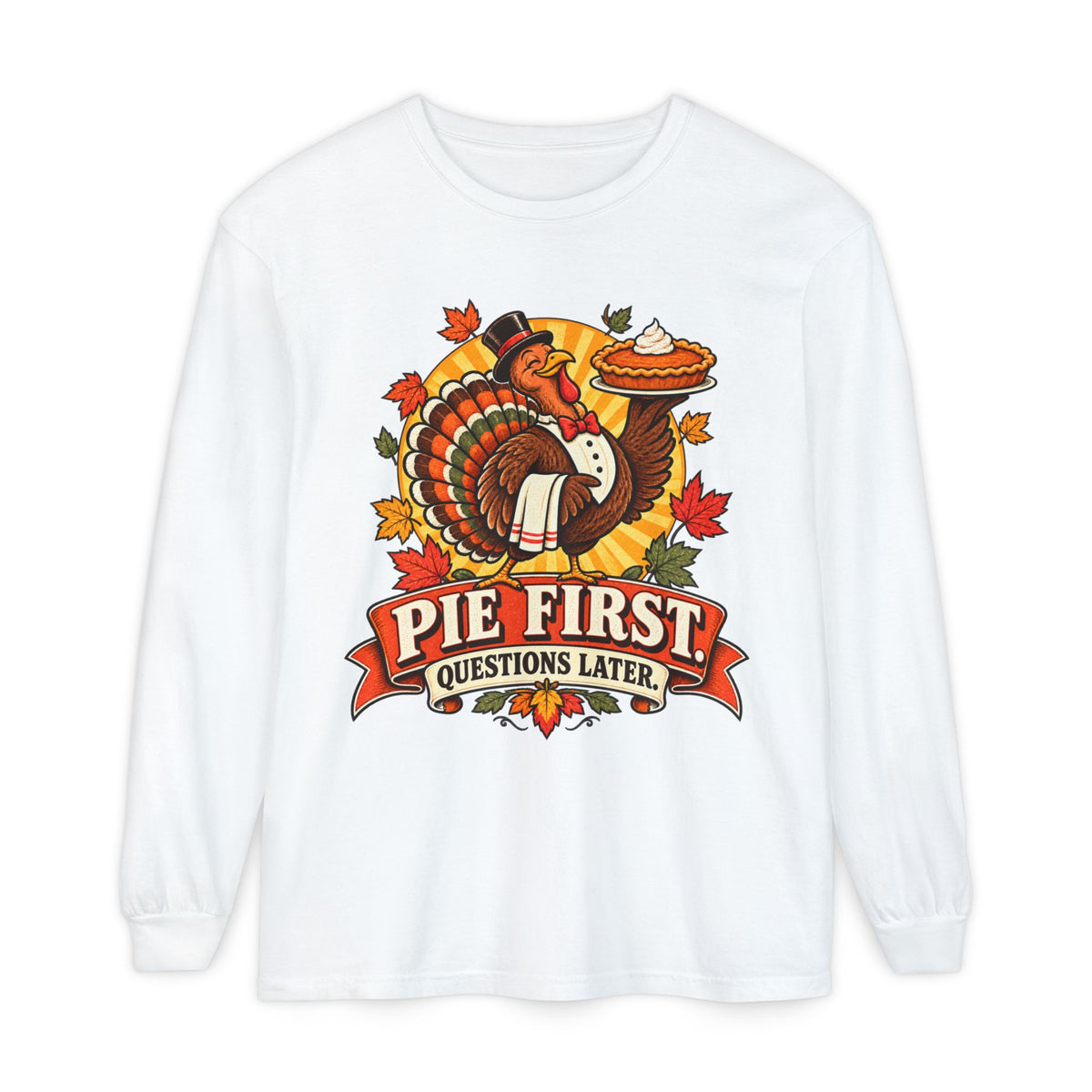 Pie First Turkey illustration Long Sleeve T-Shirt | Thanksgiving leaves