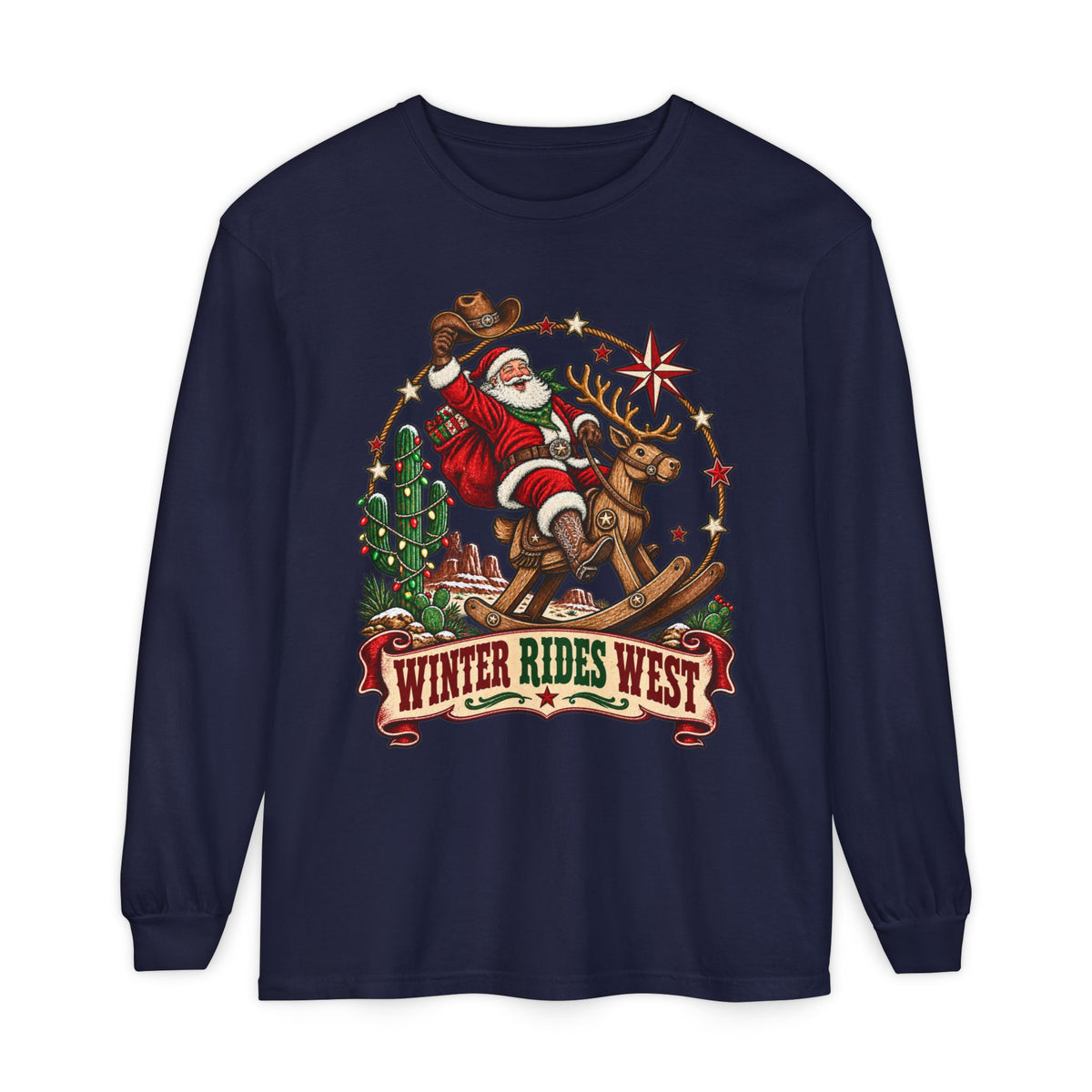 Santa Riding Reindeer Winter Rides West Long Sleeve T-Shirt