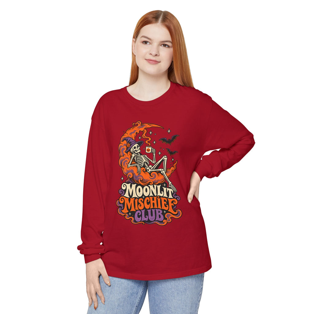 Moonlit Mischief Club Long Sleeve Shirt | Skeleton Moon Halloween Design